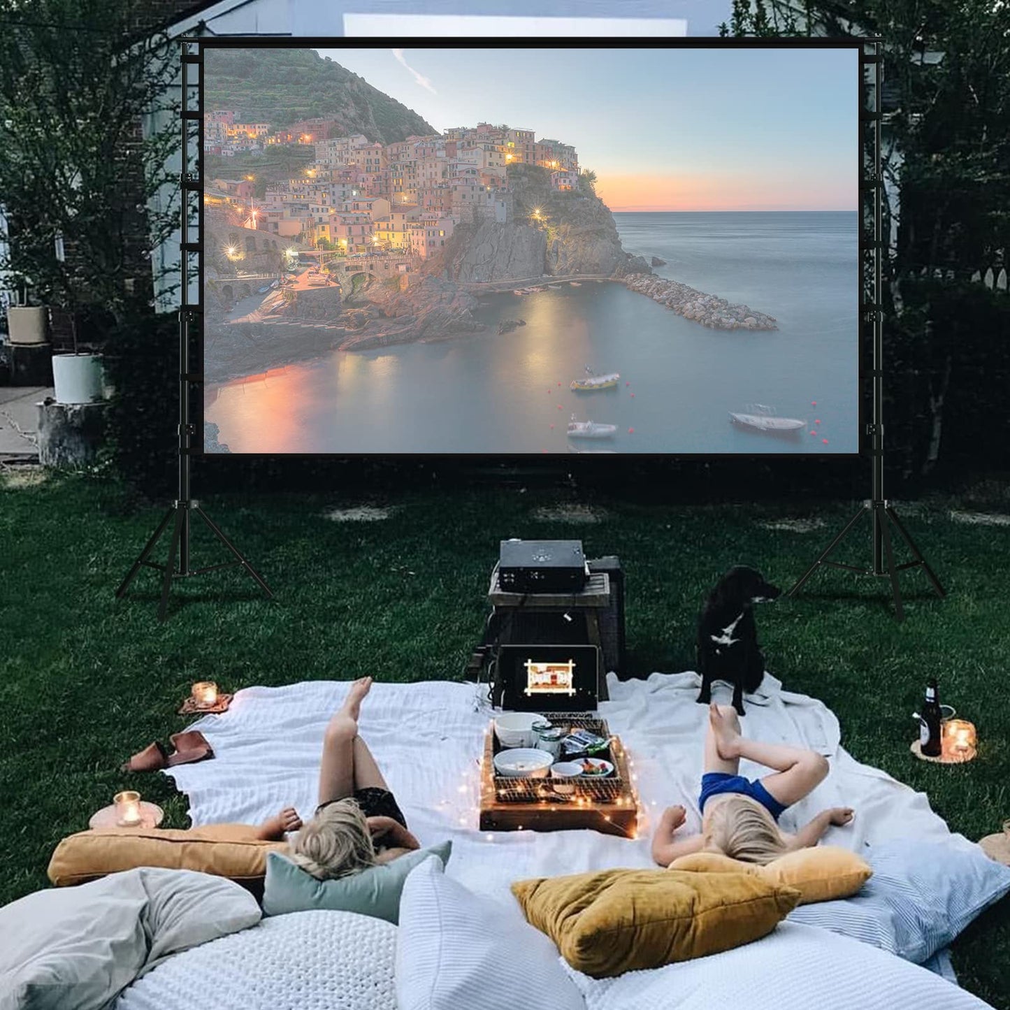 TOWOND Projector Screen and Stand, 150 inch Indoor Outdoor Projection Screen, Portable 16:9 4K HD Rear Front Movie Screen with Carry Bag Wrinkle-Free Design for Home Theater Backyard Cinema