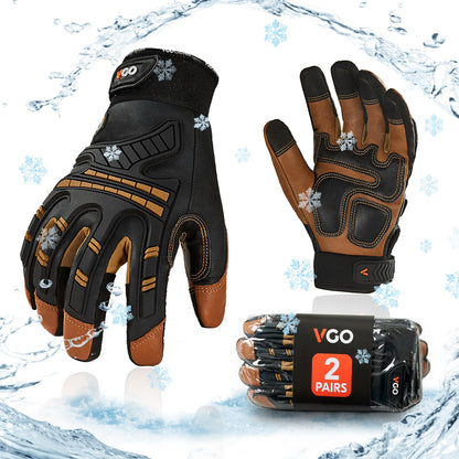 Vgo... 2-Pairs -4℉ or above Winter Waterproof High Dexterity Heavy Duty Mechanic Glove, Rigger Glove, Anti-vibration, Anti-abrasion, Touchscreen (Size L, Brown, GA8954FW)