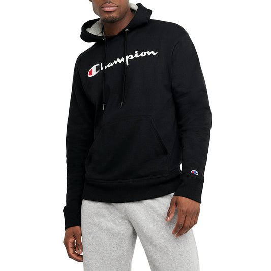 Champion Men's Pullover Fleece Hoodie, Standard Fit, Midweight, Available in Regular and Big & Tall, Black-Classic Script Logo, Medium