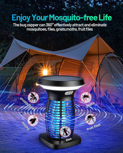Solar Bug Zapper Outdoor, Mosquito Zapper Solar Powered, Electric Fly Zapper with Camping Lantern, Waterproof Insect Zapper, Cordless Mosquito Killer Lamp for Indoor Outdoor