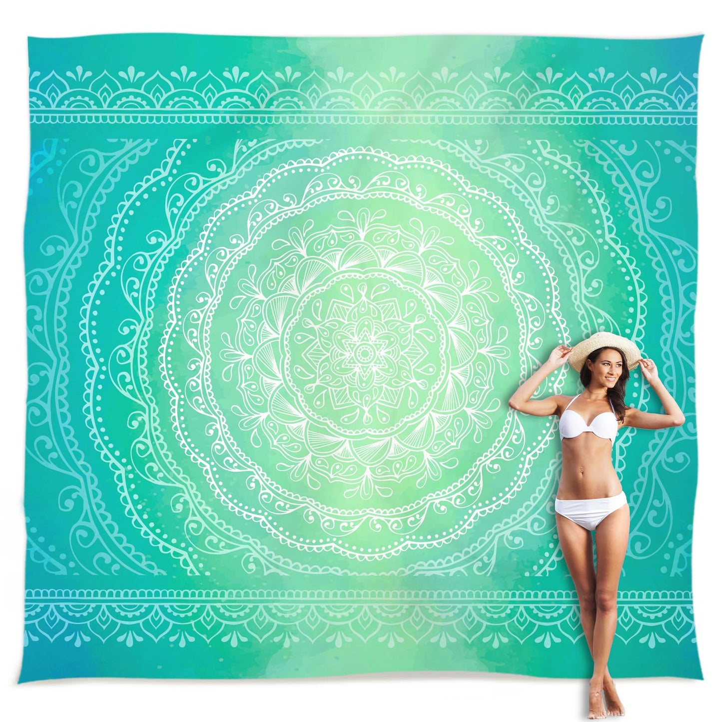 Sunlit 10'x9' Extra Large Boho Sand Proof Beach Blanket, Sand Proof Mat with Corner Pockets and Mesh Bag for Beach Party, Travel, Camping and Outdoor Music Festival, Bright Turquoise Mandala