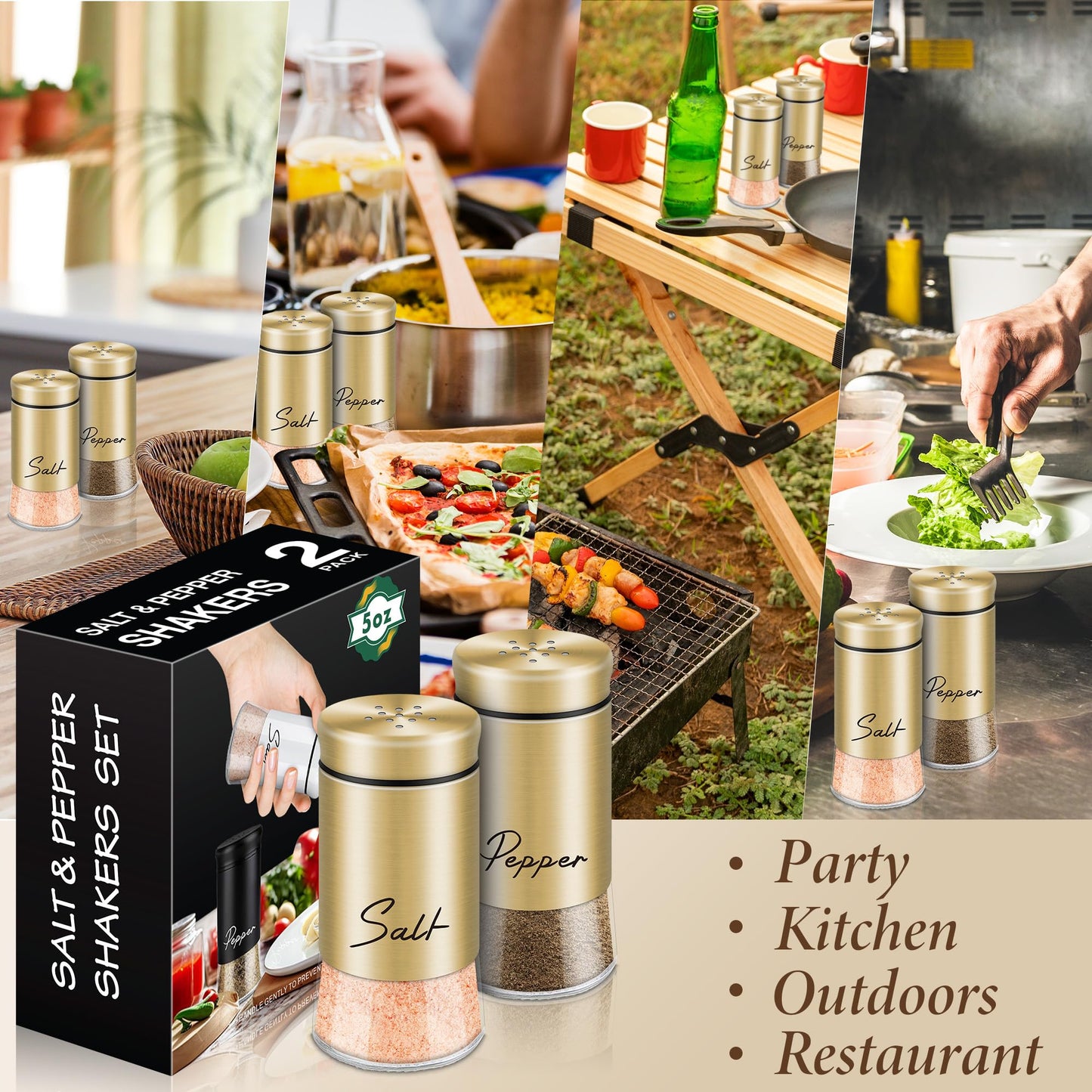 Gold Salt and Pepper Shakers Set, 5 oz Modern Farmhouse Kitchen Decor and Accessories for Restaurant, Wedding, Housewarming Gifts Refillable Design (Gold)