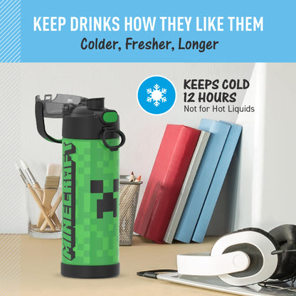 THERMOS FUNTAINER 16 Ounce Stainless Steel Vacuum Insulated Bottle with Wide Spout Lid, MINECRAFT
