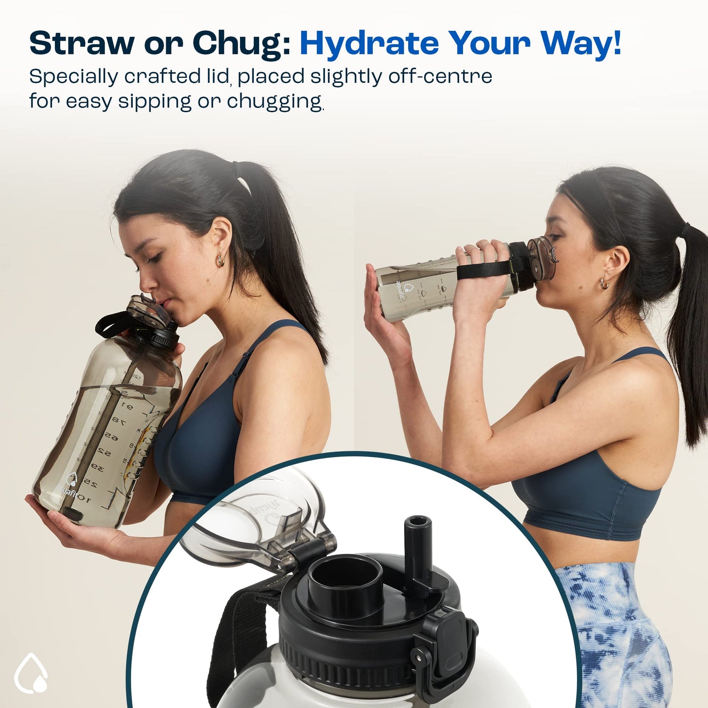 AQUAFIT 64 oz Water Bottle with Time Marker - 2in1 Straw & Chug Lid - BPA Free Big Water Bottle with Straw - Gym Water Bottle with Strap - Water Jug (64 Ounces, Gray)