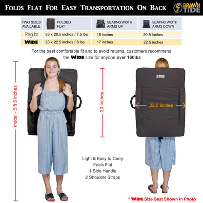 BRAWNTIDE Stadium Seat with Back Support - Comfy Cushion, Thick Padding, 2 Bleacher Hooks, 4 Pockets, Ideal Stadium Chair for Bleachers, Sporting Events, Camping, Beaches (Black, Regular Size)