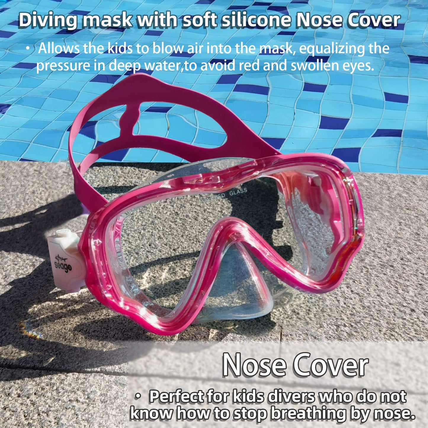 Seago Kids Swimming Mask Swim Diving Scuba Mask Snorkel Gear for Boys Girls Youth, Anti-Fog 180° Panoramic View Soft Silicone Skirt Kids Pool Underwater Swim Goggles with Nose Cover, Snorkel Equipment