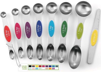 Spring Chef Stainless Steel Magnetic Measuring Spoons Set with Strong Magnets, Heavy Duty Metal Kitchen Essentials - Fits in Most Kitchen Spice Jars, Multicolor, Set of 8 with Leveler