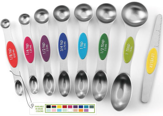 Spring Chef Stainless Steel Magnetic Measuring Spoons Set with Strong Magnets, Heavy Duty Metal Kitchen Essentials - Fits in Most Kitchen Spice Jars, Multicolor, Set of 8 with Leveler