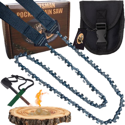Sportsman Pocket Chainsaw - Camping Folding Hand Saw With Free Fire Starter, 36-Inch Heavy Duty Chain 48 Teeth, Best Pocket Saw for Survival Gear, Hunting, Backpacking, Tree Trimming or Emergency Kit