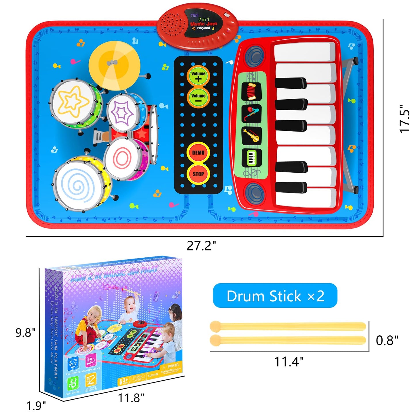 2-in-1 Musical Mat Toys for 1 2 3 4 5 Year Old, Piano Keyboard & Drum Set with 2 Drum Sticks, Early Educational Musical Learning Toys Birthday for 1 2 3 4 5 Year Old Boys & Girls, Blue