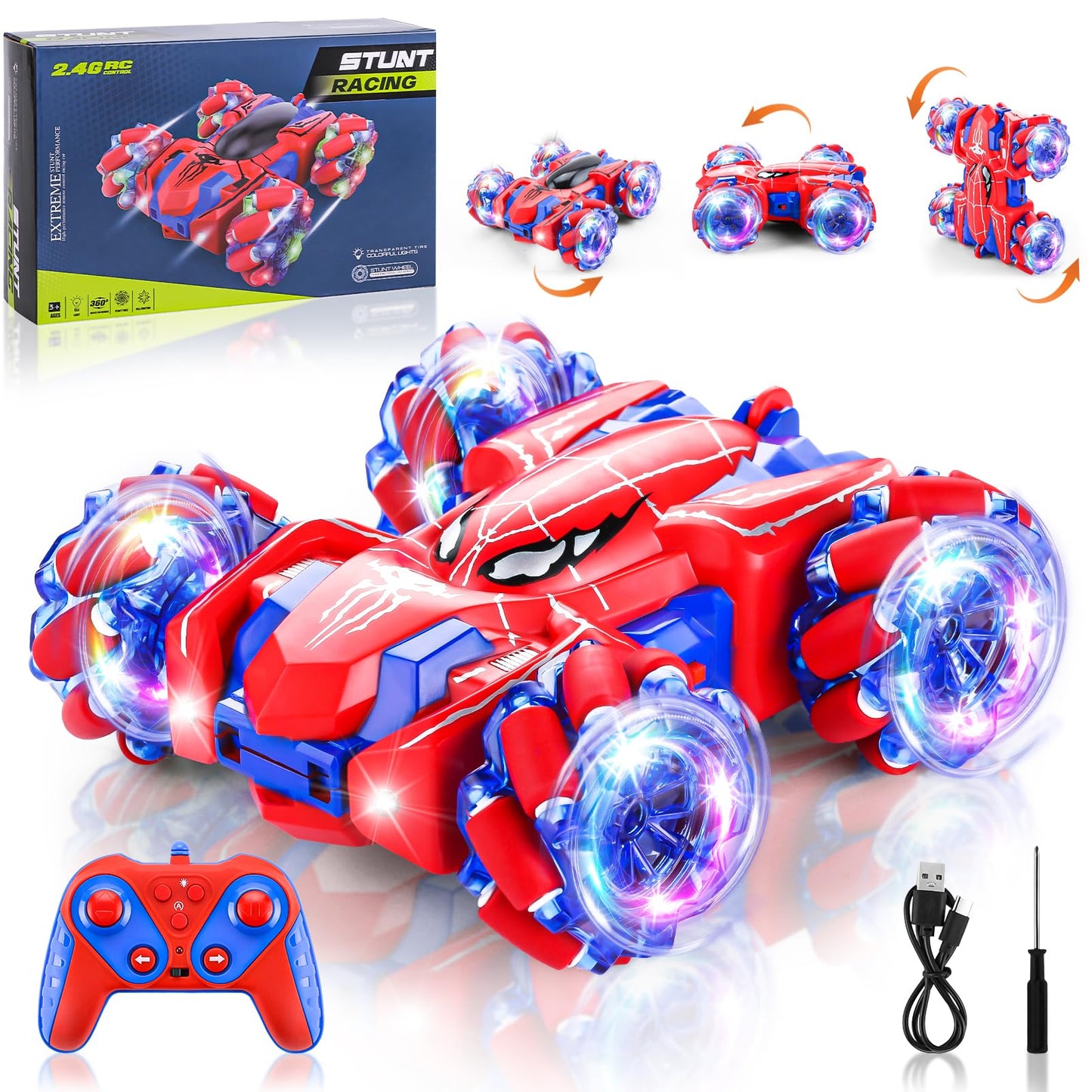 Punieayi Spider Remote Control Car, 2.4Ghz RC Cars with Headlight Double Sided Off-Road 360° Rotating Rechargeable 4WD RC Stunt Car Indoor Outdoor Spider Toys for Boys 4-6 5-7 8-13