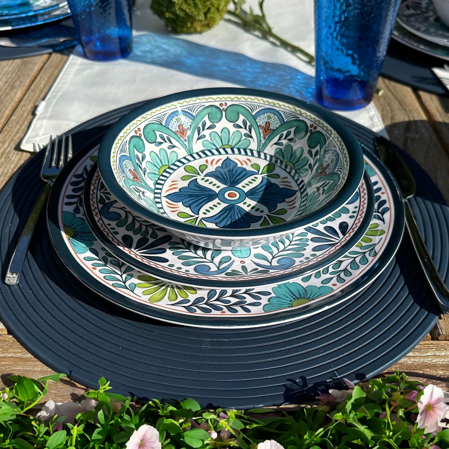 Certified International Talavera 11" Melamine Dinner Plates Feature Vibrant Blue, Green, and Floral Patterns. They are Durable, Lightweight, and Perfect for Indoor and Outdoor Dining, Service for 6.