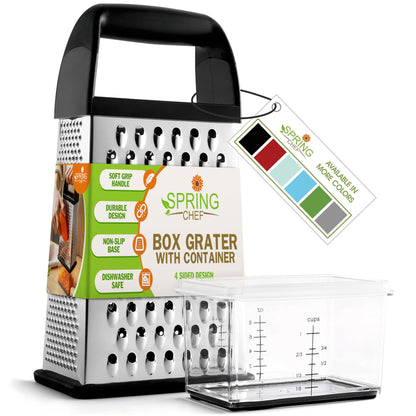 Spring Chef Professional 10" Parmesan Cheese Grater With Container, Stainless Steel & Soft Grip Handle, 4 Sided Kitchen Cheese Shredder, Handheld Box Grater for Vegetables, Potato, Carrot - Black