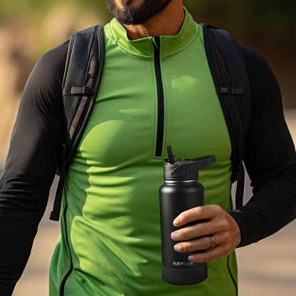 RUBYFLASK 32oz Insulated Water Bottle with Straw, Stainless Steel Metal Vacuum Water Flask, Large Thermal Water bottle with Leakproof 3 Lids for Travel, Camping, Gym Sports Indigo Black