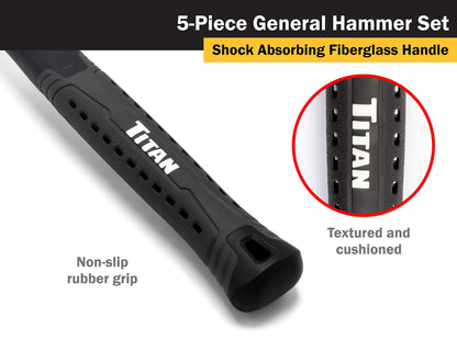 Titan 63125 5-Piece Hammer Set, Includes 16oz & 32oz Ball Pein, 32oz Rubber Mallet, 3lb Sledgehammer, & 3lb Cross Pein, Shock Absorbing Fiberglass Handles with Textured Grips