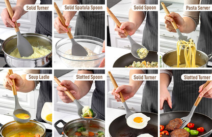 Zulay Kitchen Utensils Set Non-Stick Silicone Cooking Utensils Set with Authentic Acacia Wood Handles - 8 Piece Set - Silicone Kitchen Utensils Set with 464°F Heat Resistance - Gray