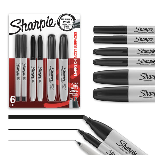 Sharpie Permanent Markers Variety Pack, Includes Chisel, Fine, and Ultra-Fine Tips, Marker Set, Writing, Coloring, Poster, Office, School Supplies, Black, 6 Count