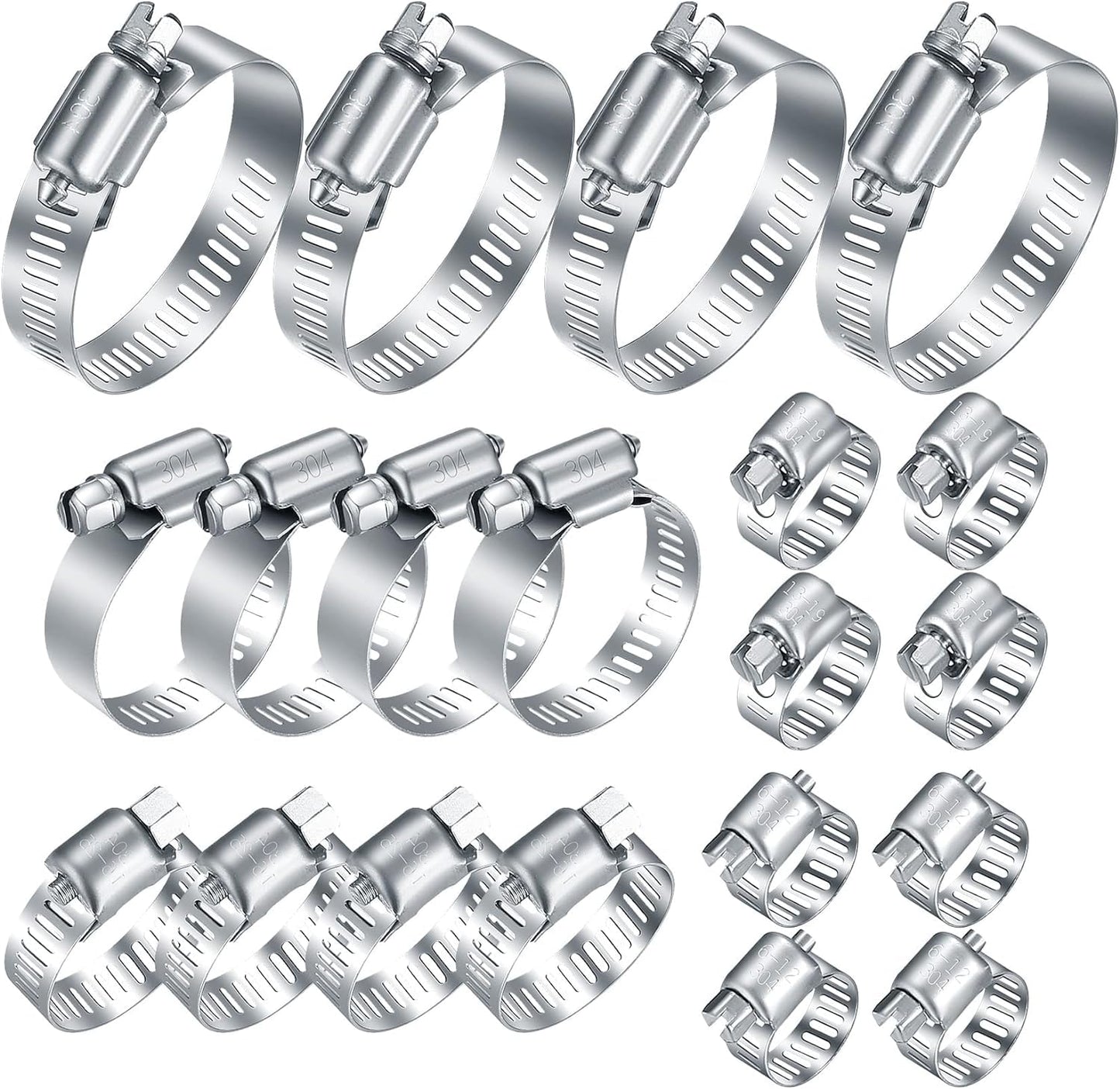 20Pcs Adjustable Stainless Steel Hose Clamps Assortment Kit, 1/4-2 in (6-51mm) Worm Gear Pipe, Fuel LineHeavy Duty for Plumbing, Washing Machine, Mechanical，Garden and Automotive Hose Connections