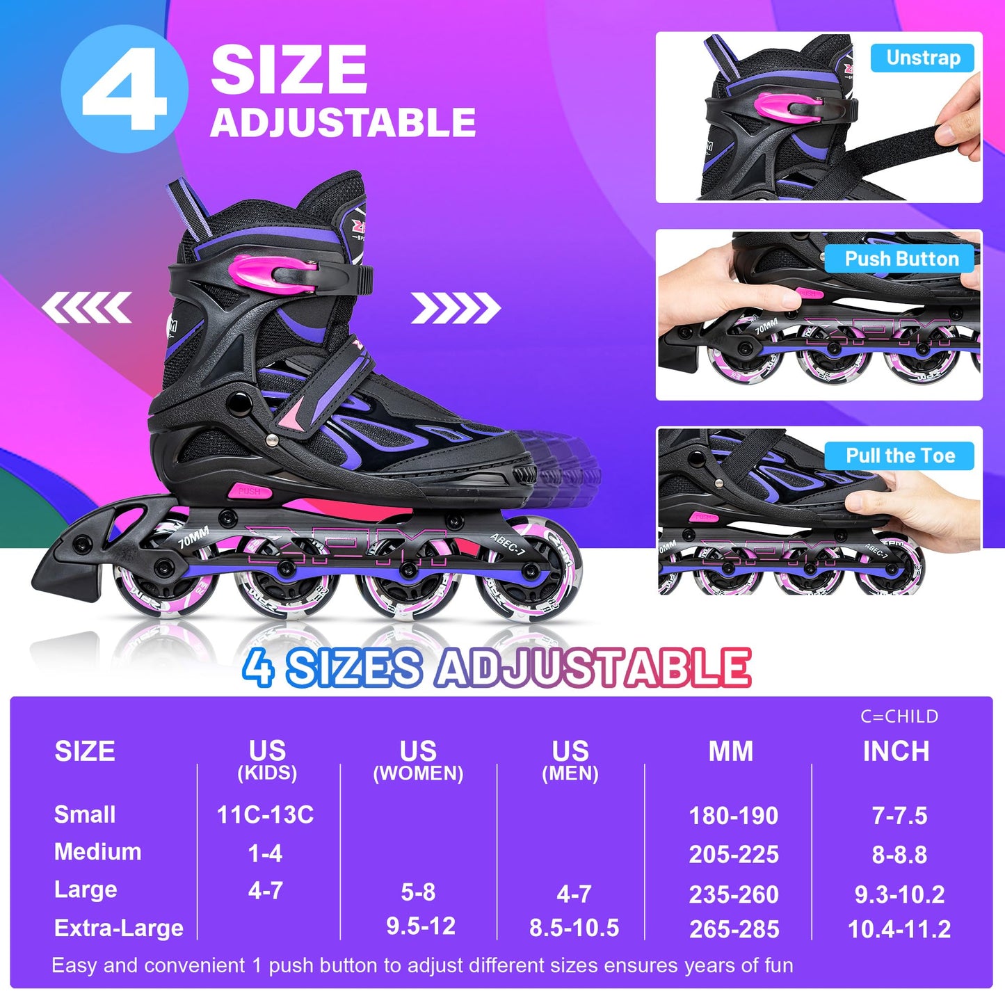 2pm Sports Vinal Girls Adjustable Inline Skates with Light up Wheels Beginner Skates Fun Illuminating Roller Skates for Kids Boys and Ladies - Violet Medium(1Y-4Y US)