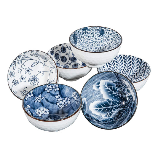 Swuut Japanese Style Ceramic Cereal Bowls,24 Ounces Salad,Soup Ramen Pho Salad Bowl Set of 6,Blue and White Microwave Safe (6 inch)
