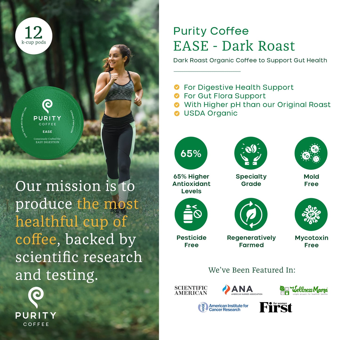 Purity Coffee EASE Dark Roast Low Acid Organic Coffee - USDA Certified Organic Specialty Grade Arabica Single-Serve Coffee Pods - Third Party Tested for Mold, Mycotoxins and Pesticides - 12 ct Box