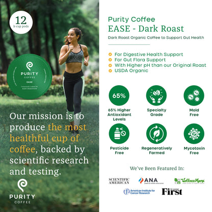 Purity Coffee EASE Dark Roast Low Acid Organic Coffee - USDA Certified Organic Specialty Grade Arabica Single-Serve Coffee Pods - Third Party Tested for Mold, Mycotoxins and Pesticides - 12 ct Box