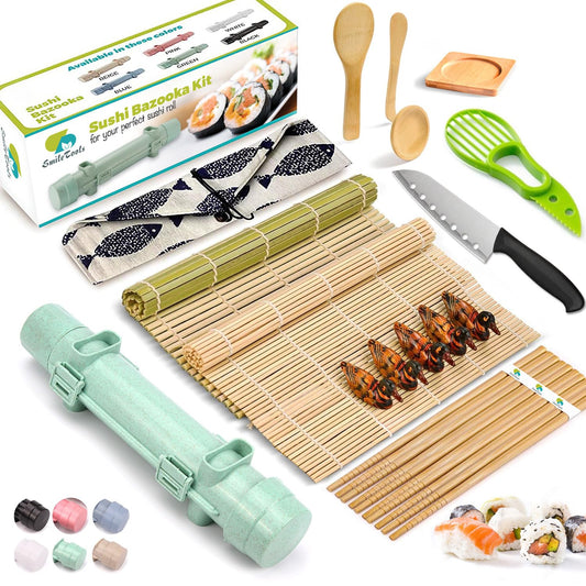 SmileTools Sushi Making Kit, 22 in 1 Sushi Roller Sushi Maker Kit with Bamboo Sushi Rolling Mats, Bazooka, Chef's Knife, Chopsticks, Sauce Dishes, Rice Spreader, Avocado Slicer, Guide Book