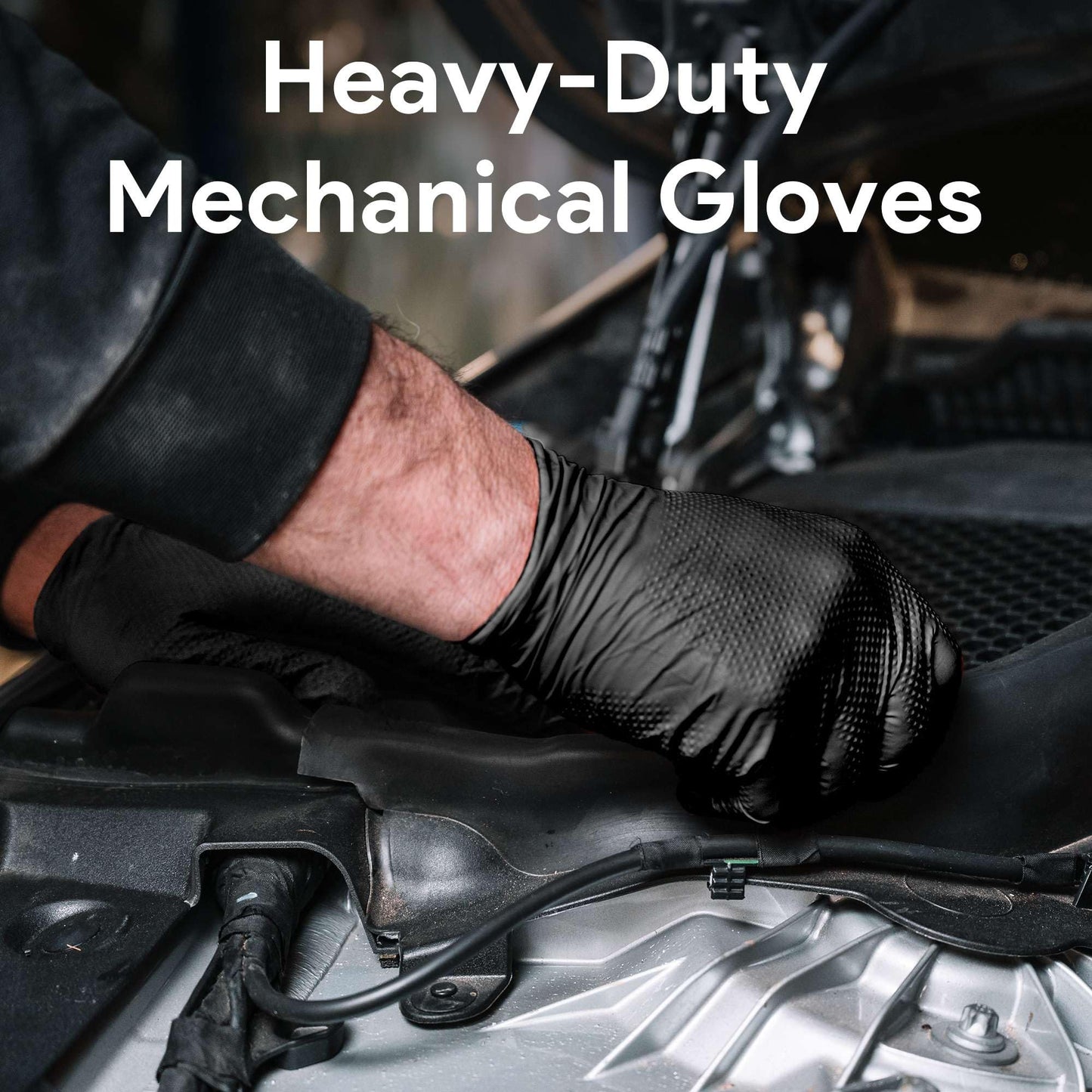WECARE Black 8 Mil Nitrile Gloves Medium 50 Pack - Heavy Duty Mechanic Gloves, with Diamond Grip - Powder and Latex Free Disposable Gloves