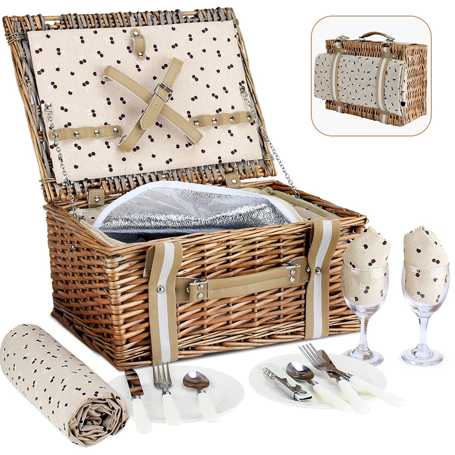 Willow Picnic Basket Set for 2 Persons with Large Insulated Cooler Bag and Waterproof Picnic Blanket, Wicker Picnic Hamper for Camping,Outdoor,Birthday