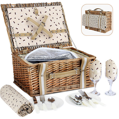 Willow Picnic Basket Set for 2 Persons with Large Insulated Cooler Bag and Waterproof Picnic Blanket, Wicker Picnic Hamper for Camping,Outdoor,Birthday