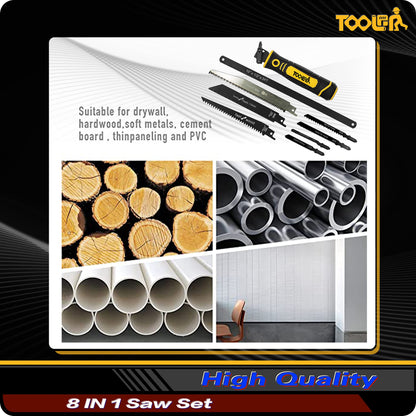 TOOLAN: 8-In-1 Multi Blades Hand Saw, Drywall Cutter. Hacksaw. Long Blade Hand Saw, Jab Saw, For Cutting Drywall, Sheetrock, Wood, Metel, Plastic, Plywood. Blade Quick Change Mechanism.