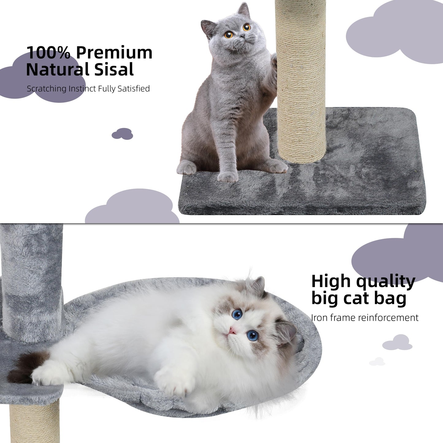 Roypet Adjustable 93"-116" Tall Cat Climbing Tree 5-Tier Kitty Activity Center Floor-to-Ceiling Climber Toy with Hanging Hammock and Scratching Posts Cat Furniture,Grey