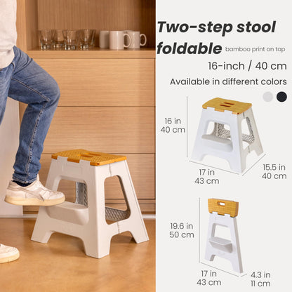 Vigar Compact Step Stool Foldable, 16-inch Two-Step Stools for Adults up to 330 Pound, Lightweight Stool, Non-Slip Folding Step Stool, Grey, Bamboo Print on Top
