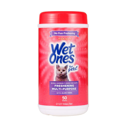 Wet Ones for Pets Freshening Multipurpose Wipes for Cats with Aloe Vera, Fresh Scent - Easy to Use Cat Cleaning Wipes for Pet Grooming in Canister, 50 Count