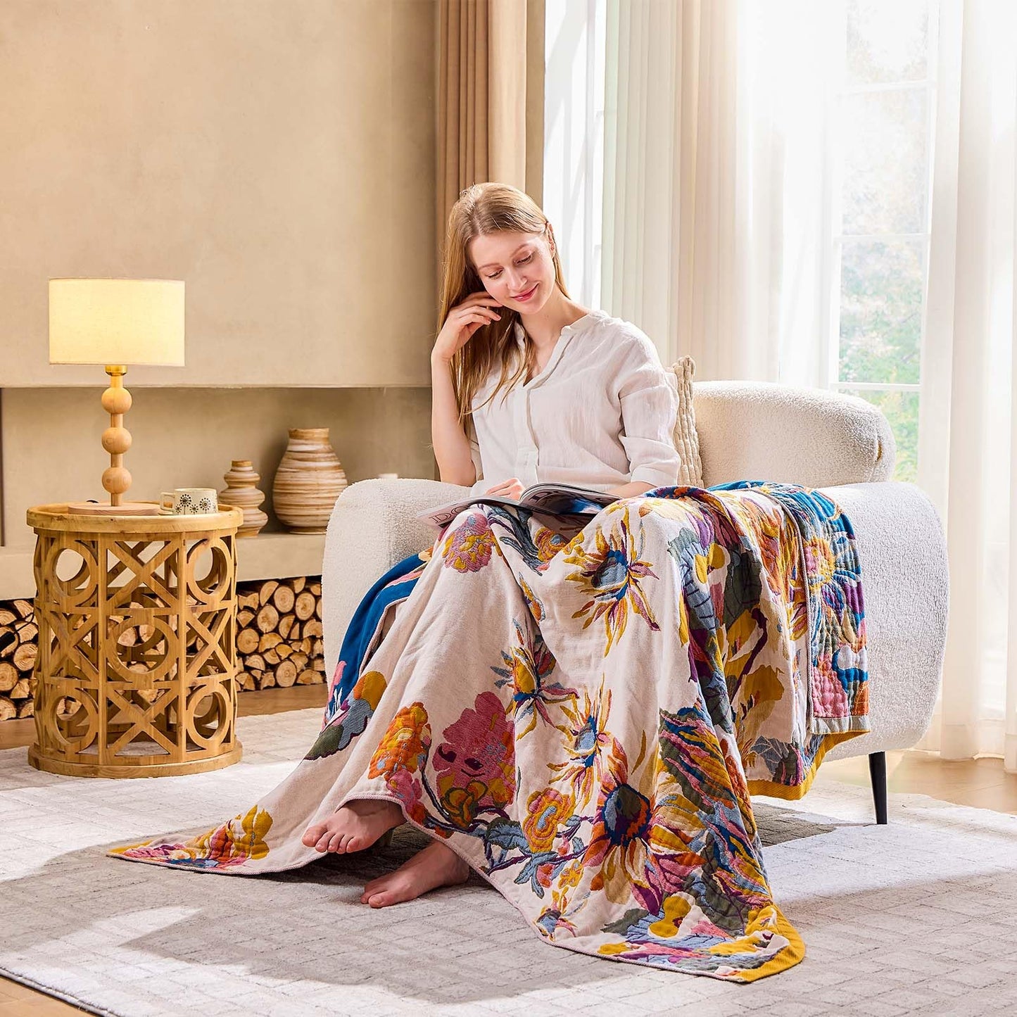 XIBLC Boho Throw Blanket, 100% Cotton Ultra Soft Luxury Throw Rustic Quilt, 50"x60" Floral Bird Butterfly Farmhouse Decor Bed Blankets, All Season Rustic Reversible Bohemian Throw for Bed - Yellow