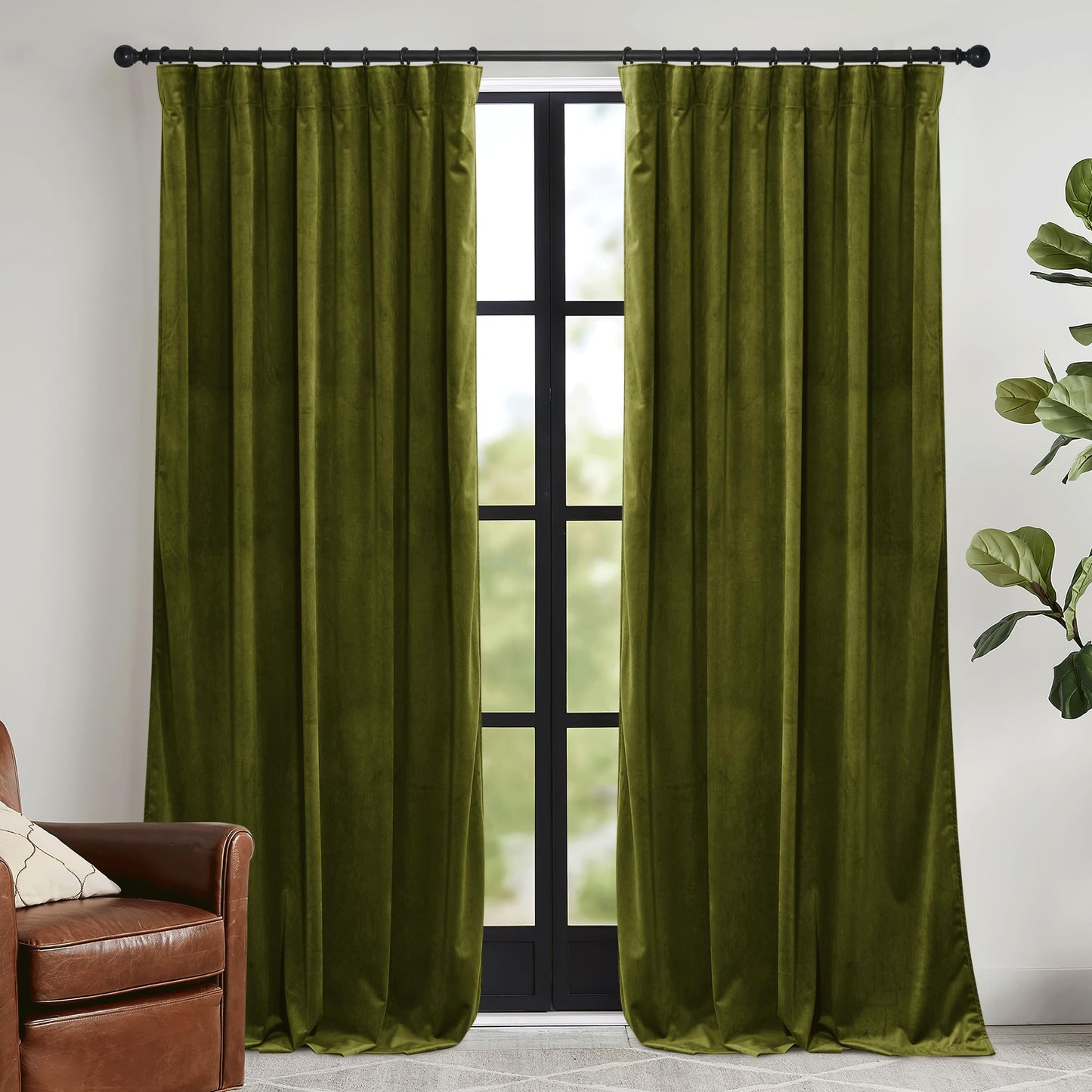 RYB HOME Moss Green Velvet Curtains 90 inches, Luxury and Soft Velvet Fabric, Spring Summer Decorative Curtains & Drapes for Patio Doory Room Window, W 52 x L 90 inches, 2 Panels Set