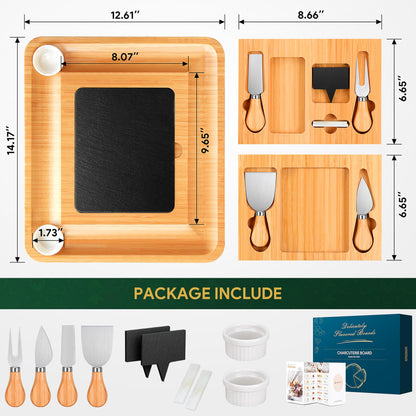 Easoger Large Bamboo Charcuterie Boards, Cheese Platter with 2 Drawers, Serving Knife, 2 Ceramic Bowl - Unique Housewarming, Wedding and Bridal Gift