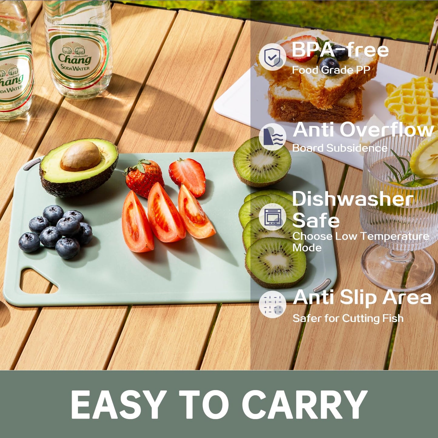 THETCHRY Plastic Cutting Board Set of 3-Cutting Boards for Kitchen BPA Free, Large-Small Chopping Boards Non-Slip for Cooking Camping Dishwasher Safe, Reversible, with Grip Handle, 15"×10"×0.6" Green