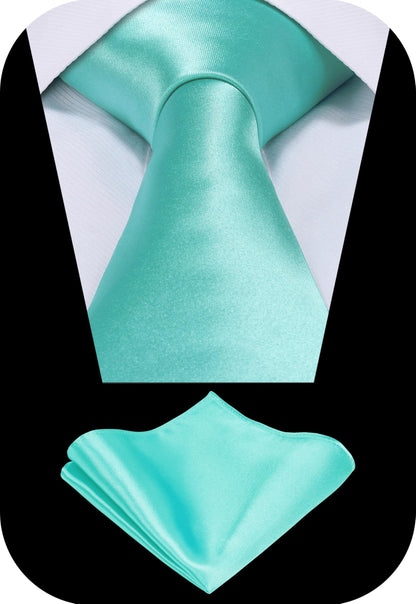 TIE G Solid Satin Woven dyed Color Formal Black Necktie and Pocket Square Sets in Gift Box (Aqua)