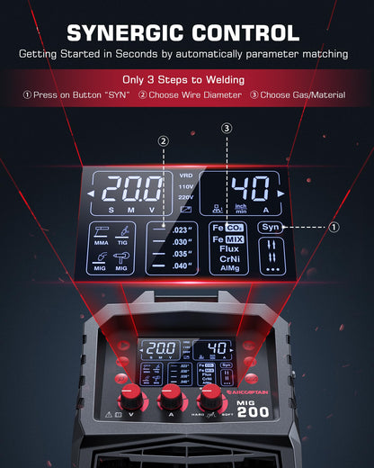 ARCCAPTAIN MIG Welder, 200Amp 6 in 1 Gas MIG/Gasless Flux Core MIG/Stick/Lift TIG/Spot welding/Spool Gun 110V/220V Aluminum Multi Process Welding Machine with LED Digital Display, Burn Back Adjustment
