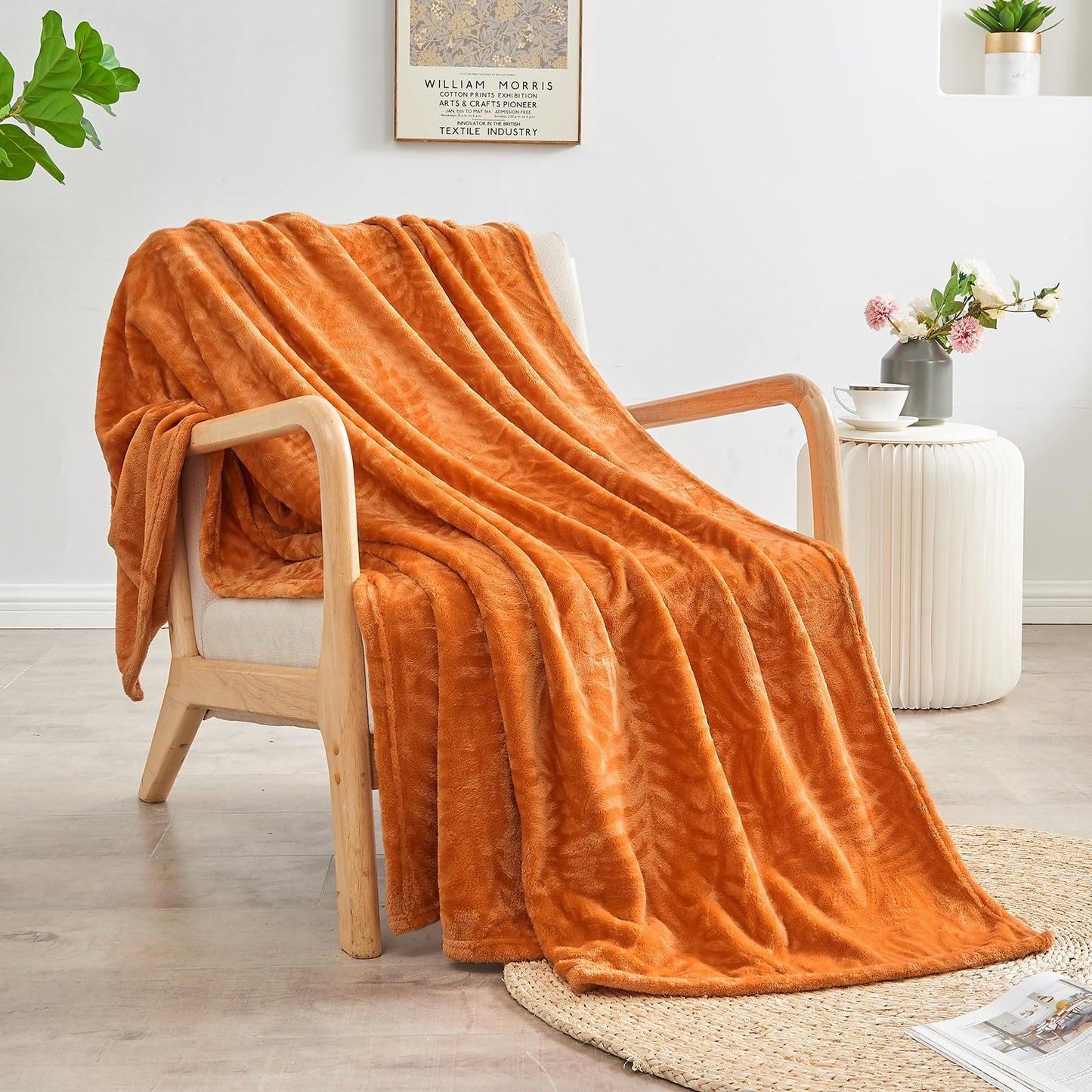 SOCHOW Super Soft Flannel Fleece Fall Throw Blanket, Lightweight Cozy Warm Leaves Textured Plush Blanket for Bed Couch Sofa, 50 x 60 Inches, Orange