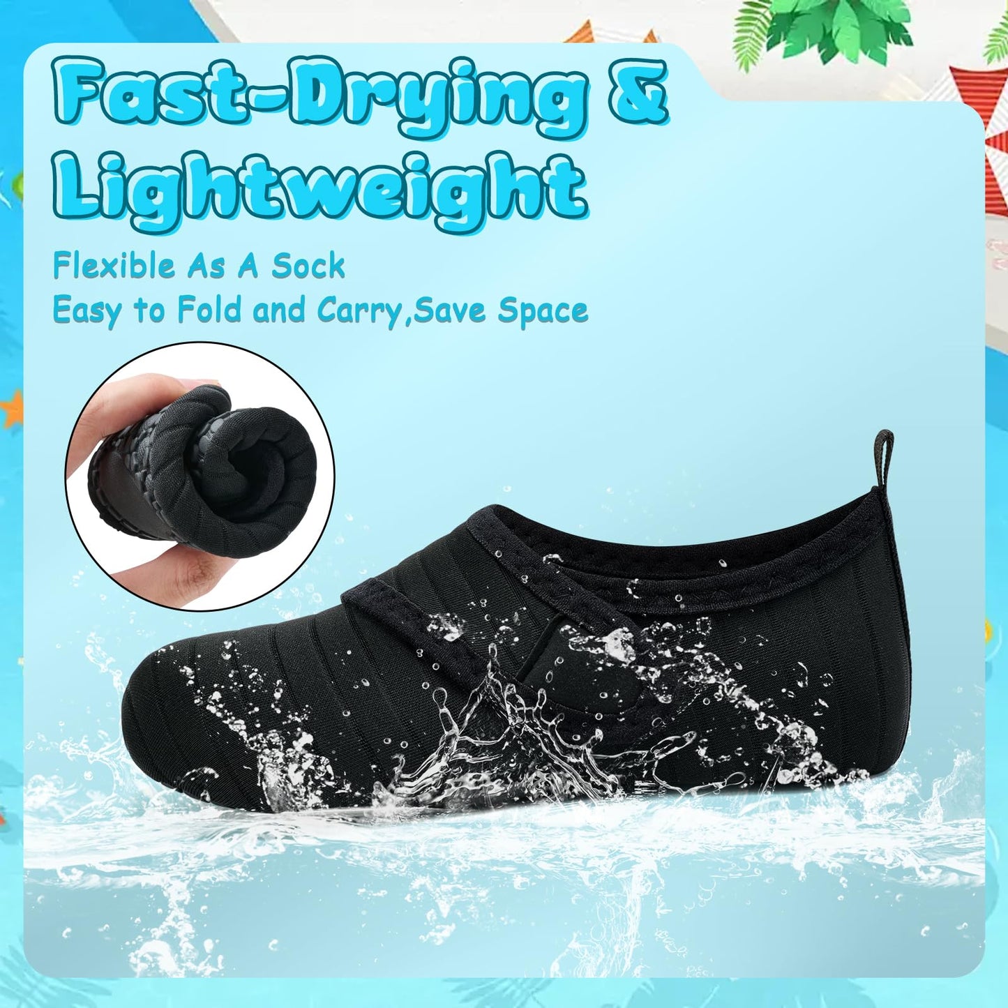 VIFUUR Kids Water Shoes Boys Girls Barefoot Water Sports Socks Hook&Loop Beach Shoes Quick Dry Aqua Socks Swim Walking Outdoor Sports for Toddler Black-30/31