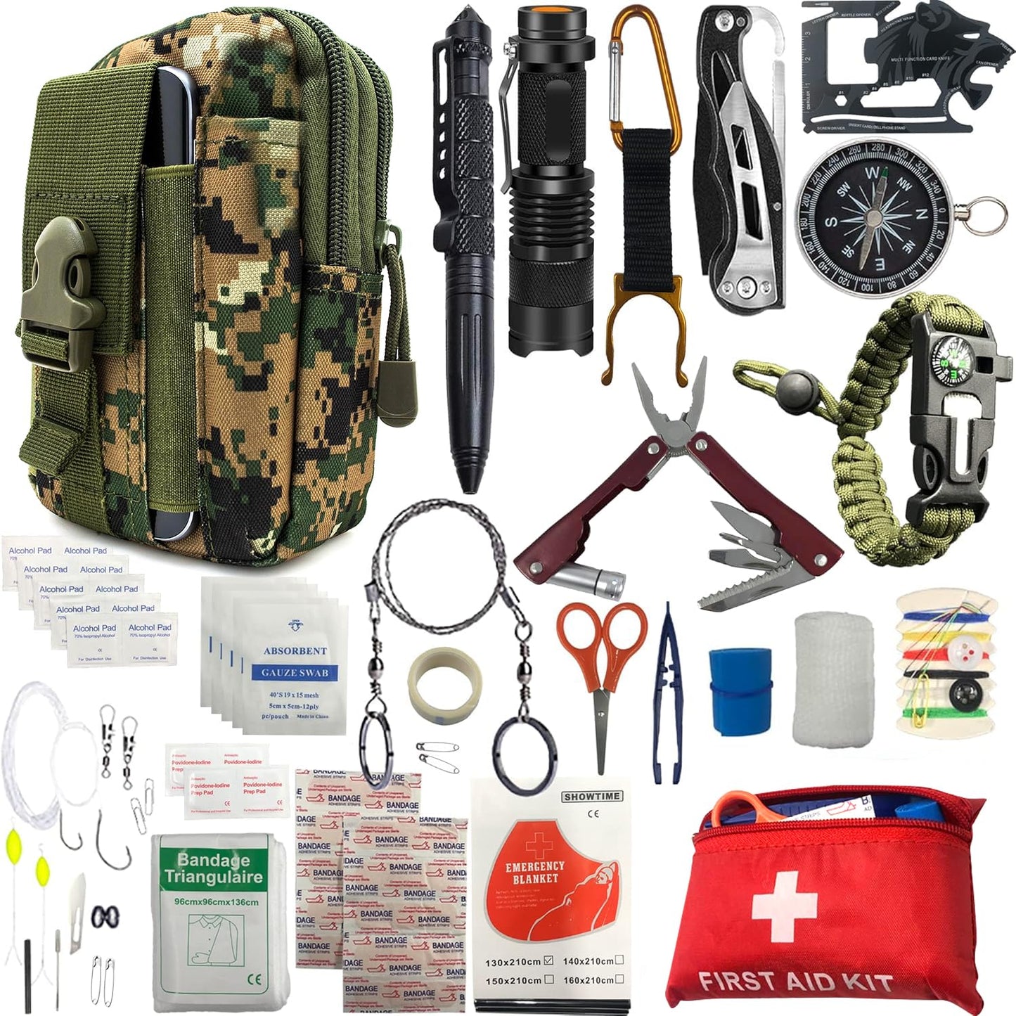 Survival Kit Emergency Supplies -67 Pcs, 14-in-1 Survival Gear: First Aid, Compass, Flashlight, Bracelet, plier, Saw & More for Outdoor Camping, Hiking & Survival. Gift for Men Boyfriends Boys Dads