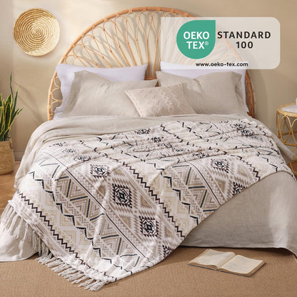 CASAAGUSTO Boho Throw Blanket - Beige and Gray Decorative Blankets with Tassel, Printed Flannel Bohemian Blanket for Chair, Bed, Sofa, Couch(50 * 60, Beige and Gray)