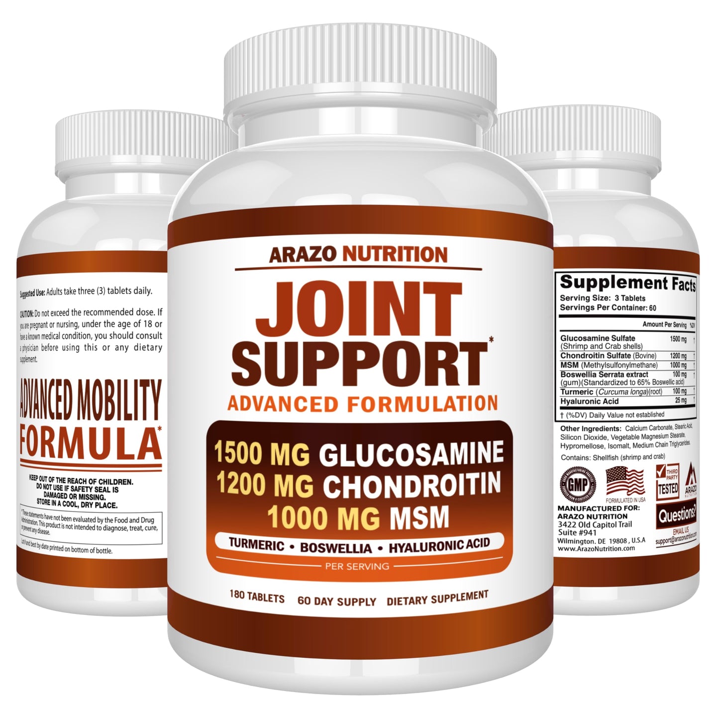 Arazo Nutrition Glucosamine Chondroitin Turmeric Msm Boswellia - Joint Support Supplement for Relief 180 Tablets for Bones, Back, Knees, Hands (180 Tablets)
