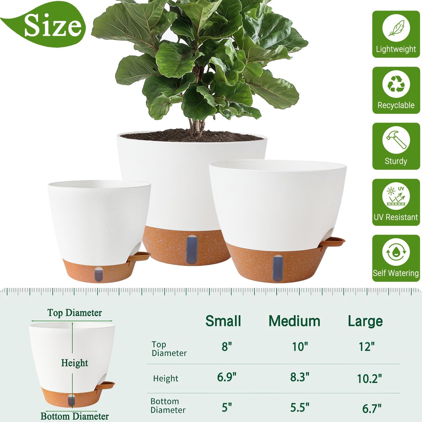 Fielda 8/10/12 Inch Self Watering Pots for Indoor/Outdoor Plants - Large Plastic Planter with Drainage Holes, Water Level Indicator & Deep Reservoir, Modern Decorative Flower Pots (White)