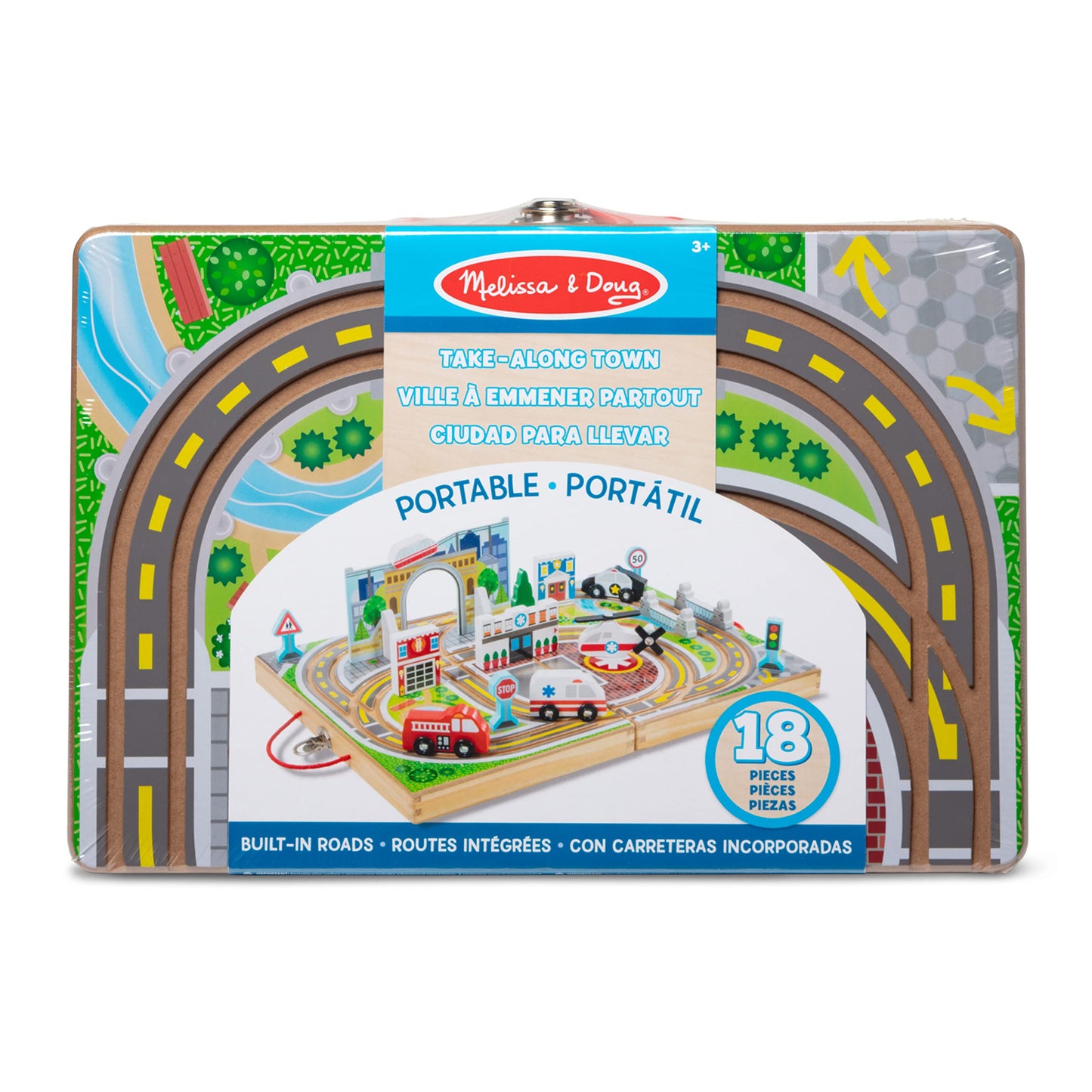 Melissa & Doug 18-Piece Wooden Take-Along Tabletop Town, 4 Rescue Vehicles, Play Pieces, Bridge