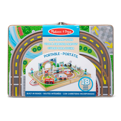 Melissa & Doug 18-Piece Wooden Take-Along Tabletop Town, 4 Rescue Vehicles, Play Pieces, Bridge