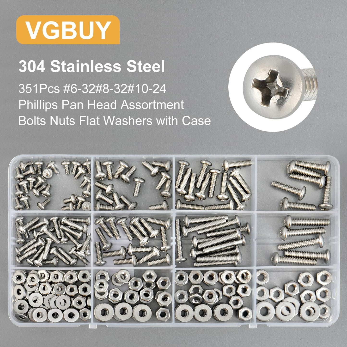 VGBUY 351Pcs Machine Screws Nuts and Bolts Assortment Kit, # 6-32# 8-32# 10-24 Phillips Pan Head Assorted 304 Stainless Steel Bolts Nuts Flat Washers Bolts with Case