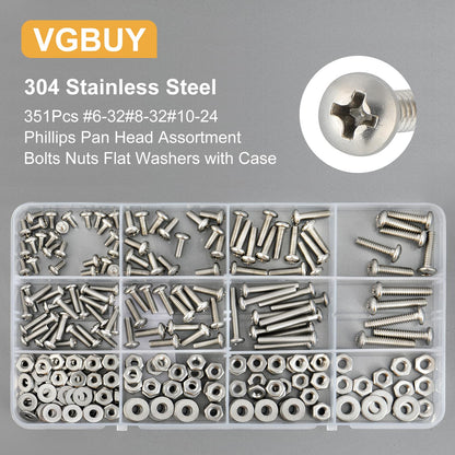 VGBUY 351Pcs Machine Screws Nuts and Bolts Assortment Kit, # 6-32# 8-32# 10-24 Phillips Pan Head Assorted 304 Stainless Steel Bolts Nuts Flat Washers Bolts with Case